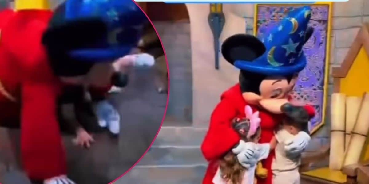 Two screenshots from a video of a child pulling a character performer dressed as Mickey Mouse at Disney World to the ground.
