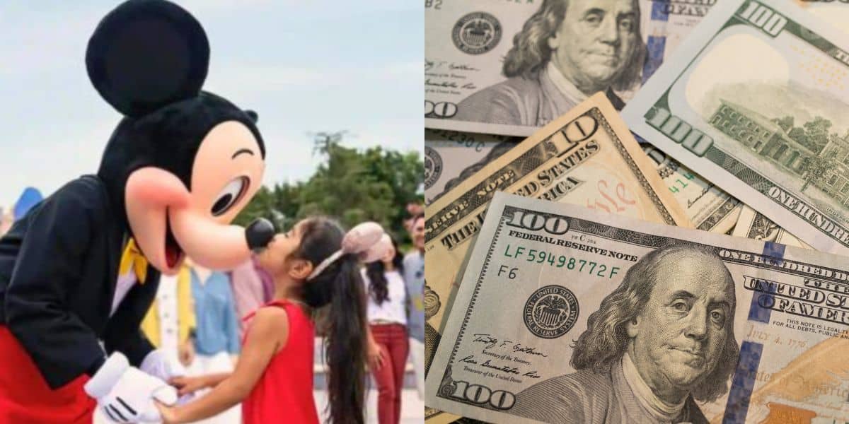 A person in a Mickey Mouse costume greets a young girl outdoors on the left; on the right, there are several U.S. $100 bills spread out.