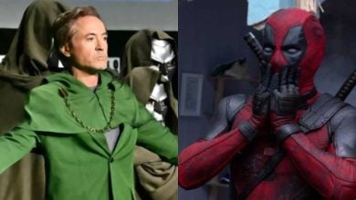 A man in a green robe with arms outstretched stands in front of cloaked figures (left), while a character in a red and black costume with swords on his back covers his mouth in surprise (right).