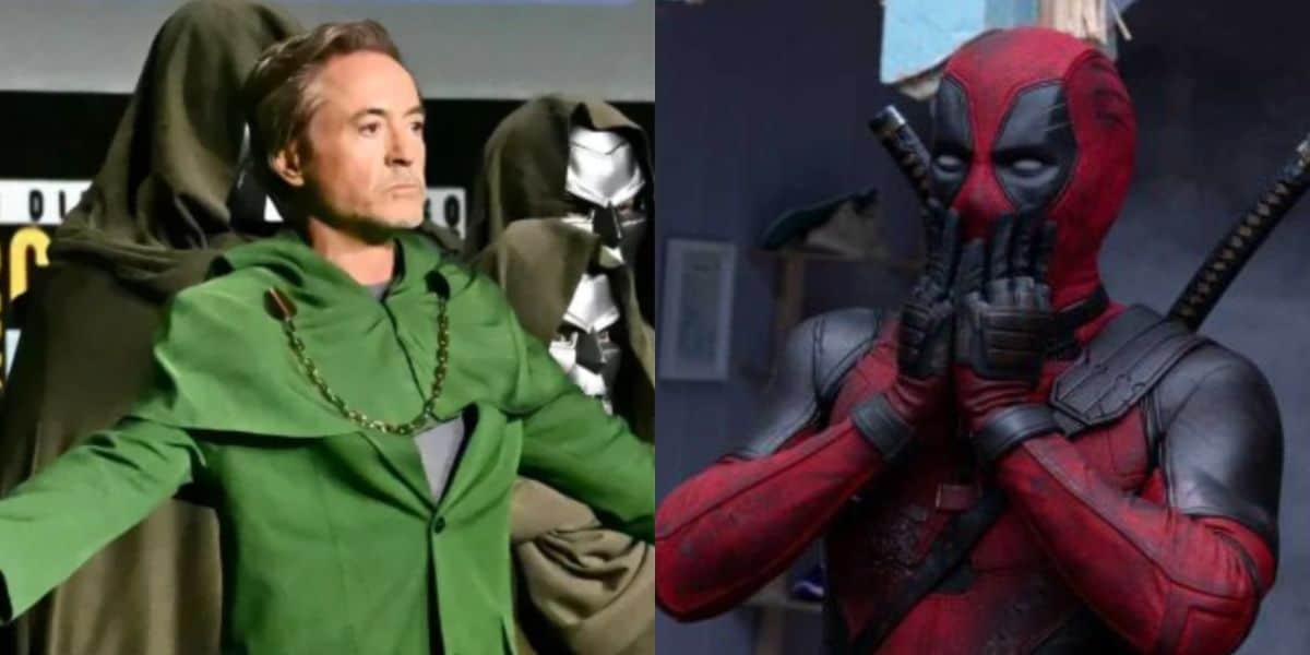 A man in a green robe with arms outstretched stands in front of cloaked figures (left), while a character in a red and black costume with swords on his back covers his mouth in surprise (right).