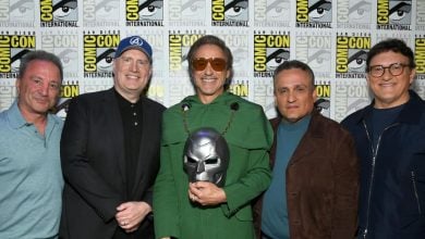 Robert Downey Jr. holding Doctor Doom mask at Marvel Comic Con