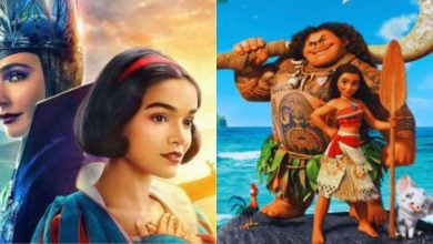 Split image: Left side shows a woman with a crown behind a young woman with short dark hair and a red headband. Right side features animated characters Moana, Maui, and a pig on a tropical beach.