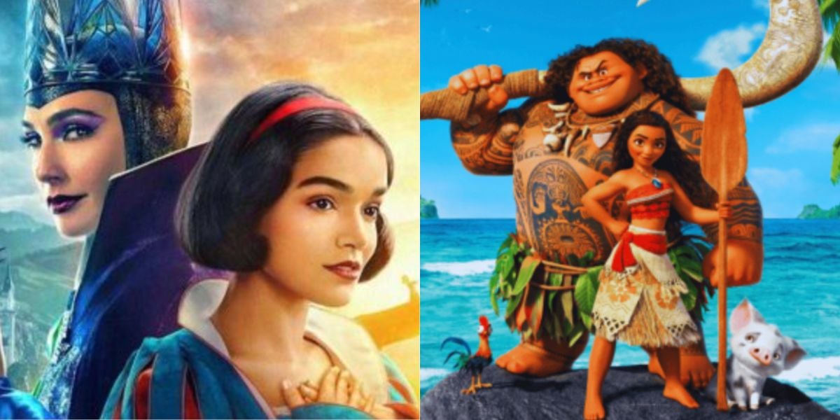 Split image: Left side shows a woman with a crown behind a young woman with short dark hair and a red headband. Right side features animated characters Moana, Maui, and a pig on a tropical beach.