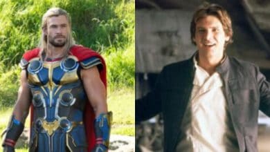 A split image shows Thor in his armor and red cape standing outdoors on the left, and Han Solo in a black jacket and white shirt smiling indoors on the right.