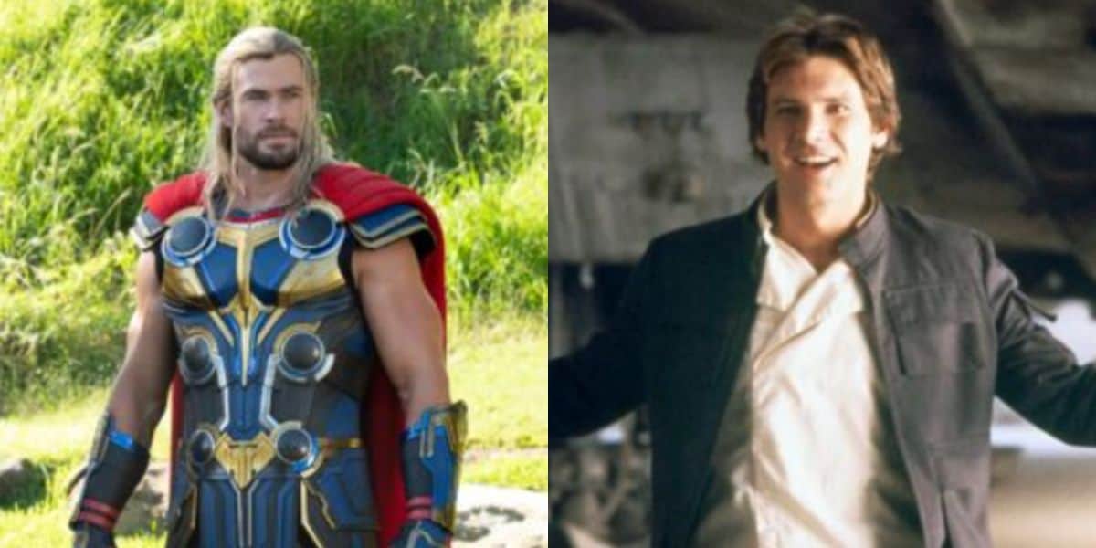 A split image shows Thor in his armor and red cape standing outdoors on the left, and Han Solo in a black jacket and white shirt smiling indoors on the right.