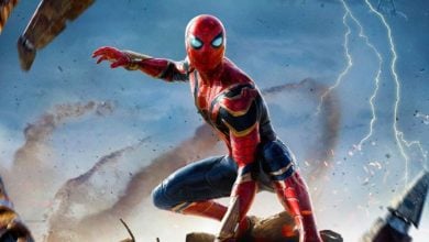 Spider-Man in his iconic red and blue suit crouches on rubble, ready for action, with lightning flashes and mechanical tentacles swirling around him against a dramatic sky.