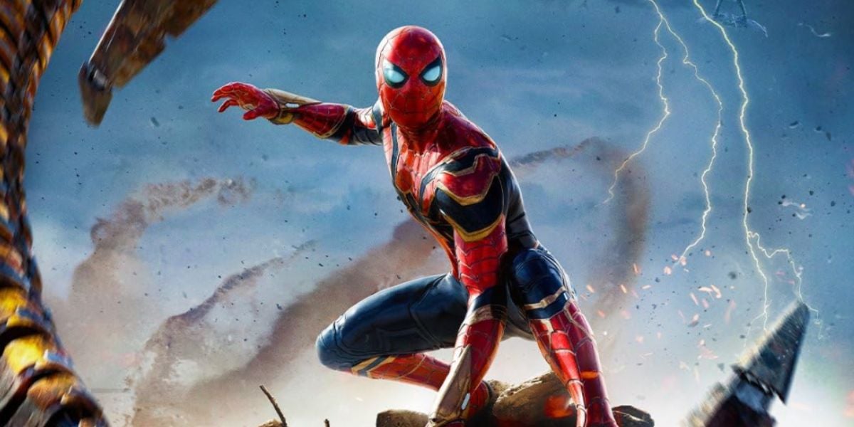 Spider-Man in his iconic red and blue suit crouches on rubble, ready for action, with lightning flashes and mechanical tentacles swirling around him against a dramatic sky.