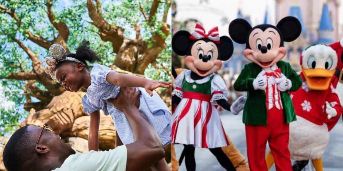 A smiling adult lifts a happy child wearing mouse ears in front of a tree; next to them, people in Mickey, Minnie, and Donald Duck costumes stand together at a theme park.