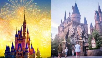 Split image: On the left, Disney's Cinderella Castle lit up with fireworks at sunset; on the right, people walk toward the Hogwarts Castle attraction at Universal Studios under a clear sky.