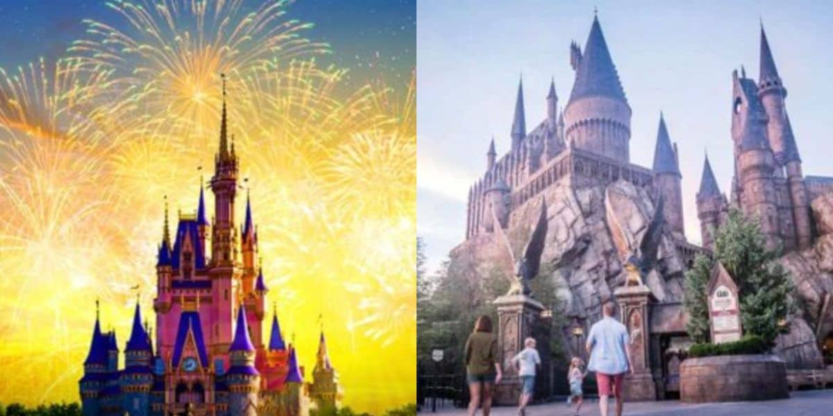 Split image: On the left, Disney's Cinderella Castle lit up with fireworks at sunset; on the right, people walk toward the Hogwarts Castle attraction at Universal Studios under a clear sky.