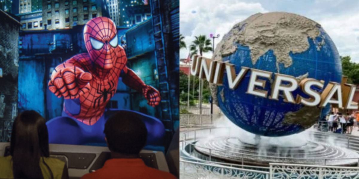 Two people view a large screen showing Spider-Man in action on the left; on the right is the iconic Universal Studios globe with gold lettering and palm trees in the background.