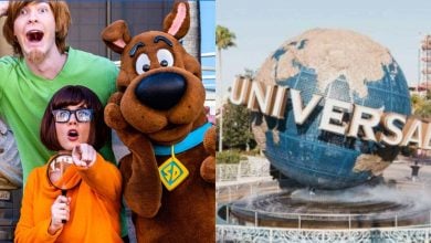 Shaggy, Velma, and Scooby-Doo pose excitedly for a photo on the left; on the right is the iconic Universal Studios globe fountain with “UNIVERSAL” written across it.