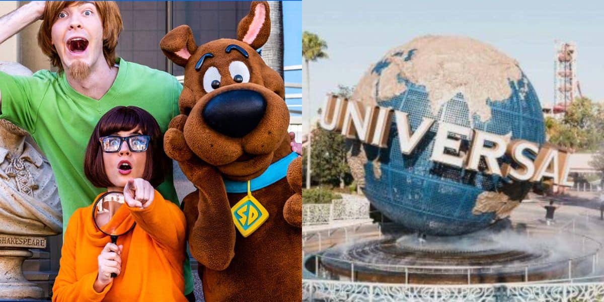Shaggy, Velma, and Scooby-Doo pose excitedly for a photo on the left; on the right is the iconic Universal Studios globe fountain with “UNIVERSAL” written across it.