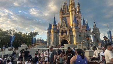 A large crowd of people gathered in front of Cinderella’s Castle at a Disney theme park, with the castle lit by the setting sun and a partly cloudy sky overhead.