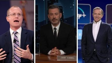 (Left) Brendan Carr, (Middle) Jimmy Kimmel, (Right) Bob Iger