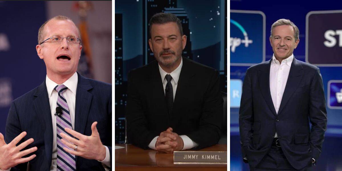 (Left) Brendan Carr, (Middle) Jimmy Kimmel, (Right) Bob Iger