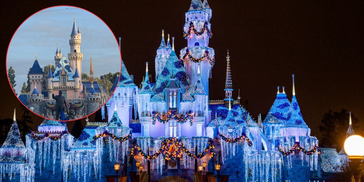 Sleeping Beauty Castle at Disneyland decorated with festive holiday lights at night, with a circular inset showing the same castle during the day with no lights or decorations.
