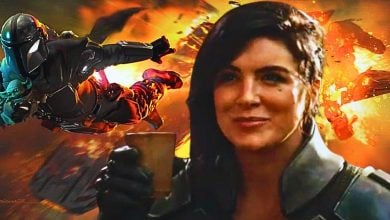 Mixed image: The Mandalorian and Grogu flying from an explosion at the back, and Cara Dune at the front smiling
