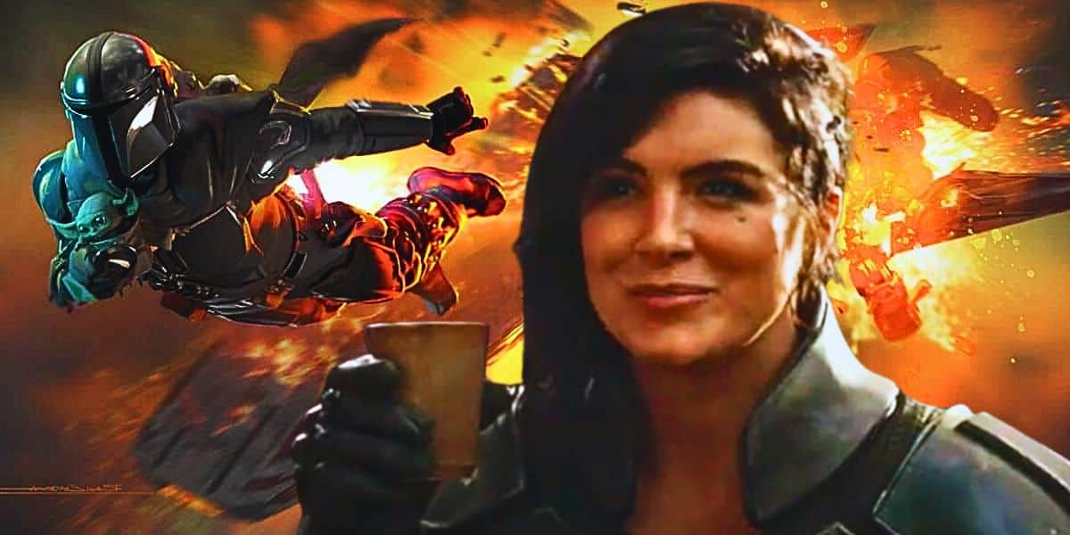 Mixed image: The Mandalorian and Grogu flying from an explosion at the back, and Cara Dune at the front smiling