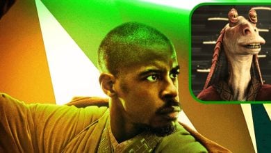 L to R: Ahmed Best as Kelleran Beq and Jar Jar Binks