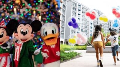 Left: Minnie Mouse, Mickey Mouse, and Donald Duck in festive outfits stand by a decorated Christmas tree. Right: Two children holding Mickey Mouse-shaped balloons run outdoors near modern buildings.