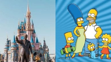 A split image: on the left, a statue of Walt Disney and Mickey Mouse in front of Cinderella Castle at a Disney park; on the right, The Simpsons cartoon family standing and smiling on a blue background.