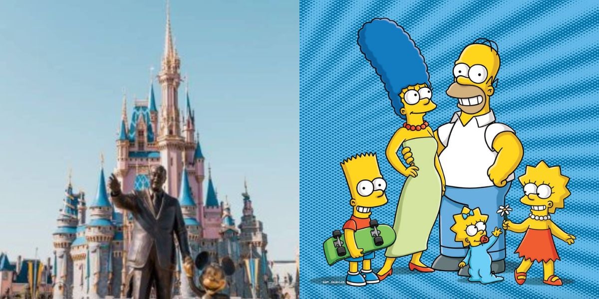 A split image: on the left, a statue of Walt Disney and Mickey Mouse in front of Cinderella Castle at a Disney park; on the right, The Simpsons cartoon family standing and smiling on a blue background.
