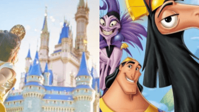 A young girl in Mickey Mouse ears faces a fairytale castle on the left; on the right are animated characters from "The Emperor’s New Groove," including Kuzco, Pacha, and Yzma, with a bright blue sky in the background.