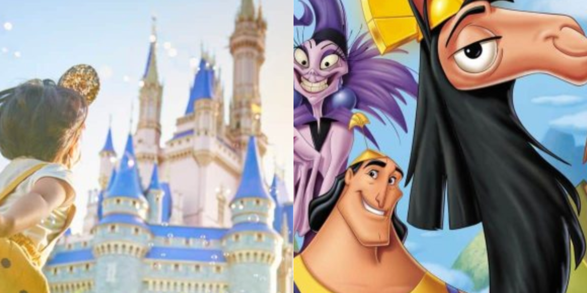 A young girl in Mickey Mouse ears faces a fairytale castle on the left; on the right are animated characters from "The Emperor’s New Groove," including Kuzco, Pacha, and Yzma, with a bright blue sky in the background.