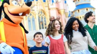 A person in a Goofy costume stands beside a smiling group of four, including two children and two adults, enjoying their lightning lane access in front of a fairytale castle at an amusement park.