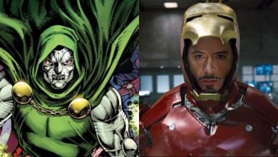 Side-by-side image of Doctor Doom, a comic book character in a green cloak and metal mask, and Iron Man, a man wearing a red and gold armored helmet with the faceplate lifted.