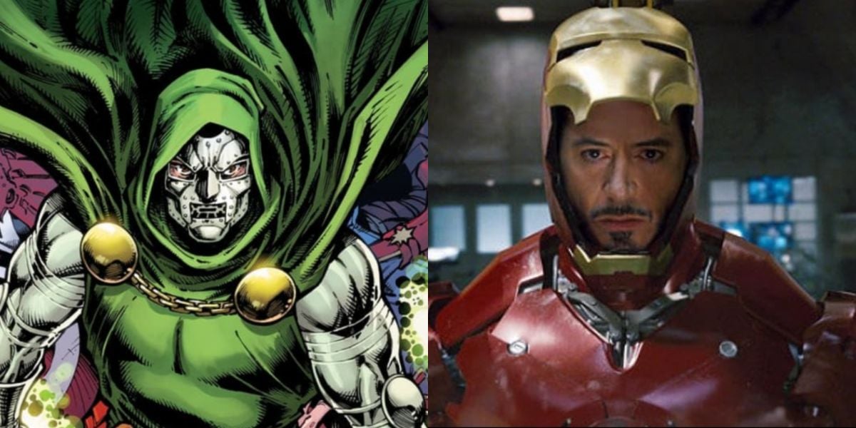 Side-by-side image of Doctor Doom, a comic book character in a green cloak and metal mask, and Iron Man, a man wearing a red and gold armored helmet with the faceplate lifted.