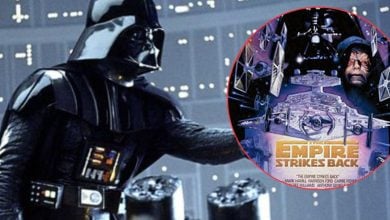 Darth Vader stands with an outstretched arm in a futuristic setting; an inset shows the "Empire Strikes Back" movie poster, featuring spaceships and characters from the film.