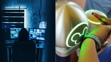On the left, a person in a hoodie sits at a desk with multiple computer screens in a dark room. On the right, a hand wearing a smart wristband scans it on a glowing sensor at an access point.