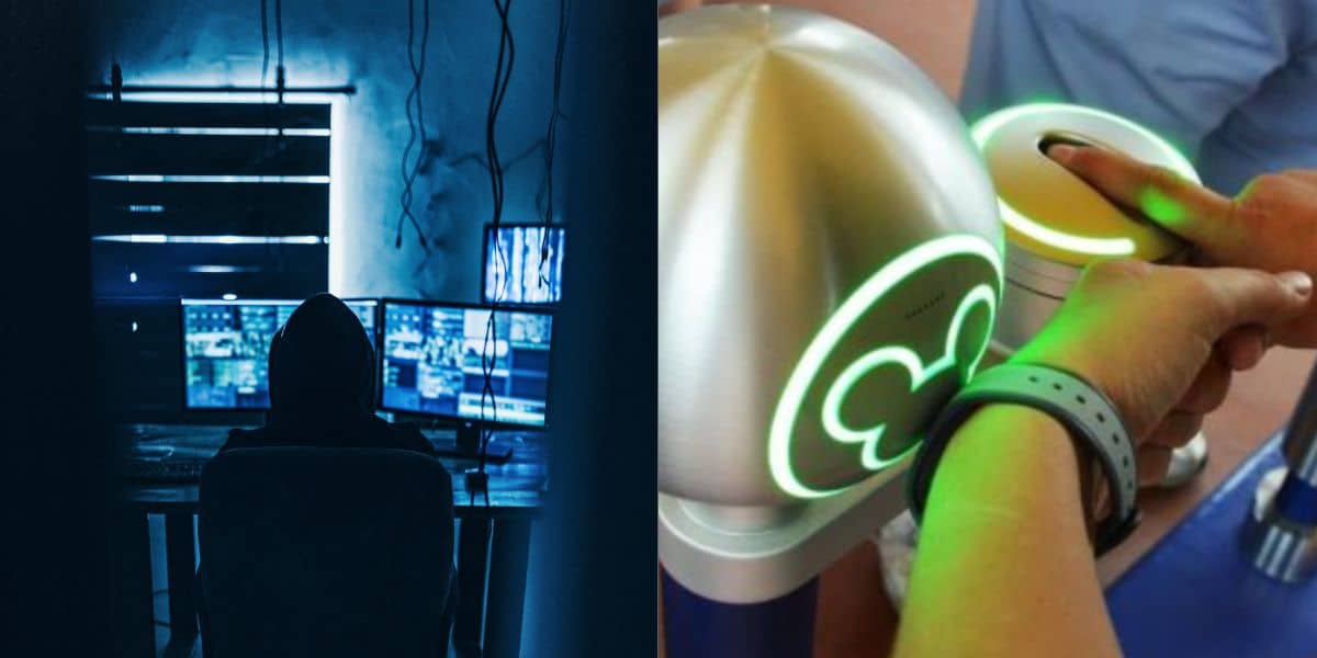 On the left, a person in a hoodie sits at a desk with multiple computer screens in a dark room. On the right, a hand wearing a smart wristband scans it on a glowing sensor at an access point.