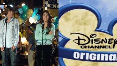 A teen boy and girl stand on stage with microphones at a party decorated with balloons; beside them is the Disney Channel Original logo on a blue background.