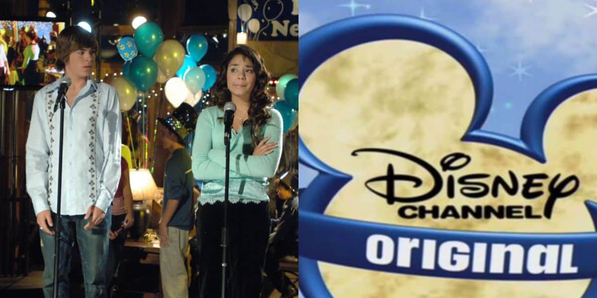 A teen boy and girl stand on stage with microphones at a party decorated with balloons; beside them is the Disney Channel Original logo on a blue background.