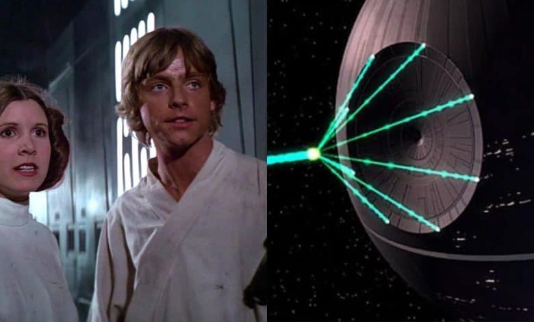 On the left, a woman and a man in white clothing look concerned in a spaceship hallway. On the right, a large, gray, spherical space station fires a green laser beam.