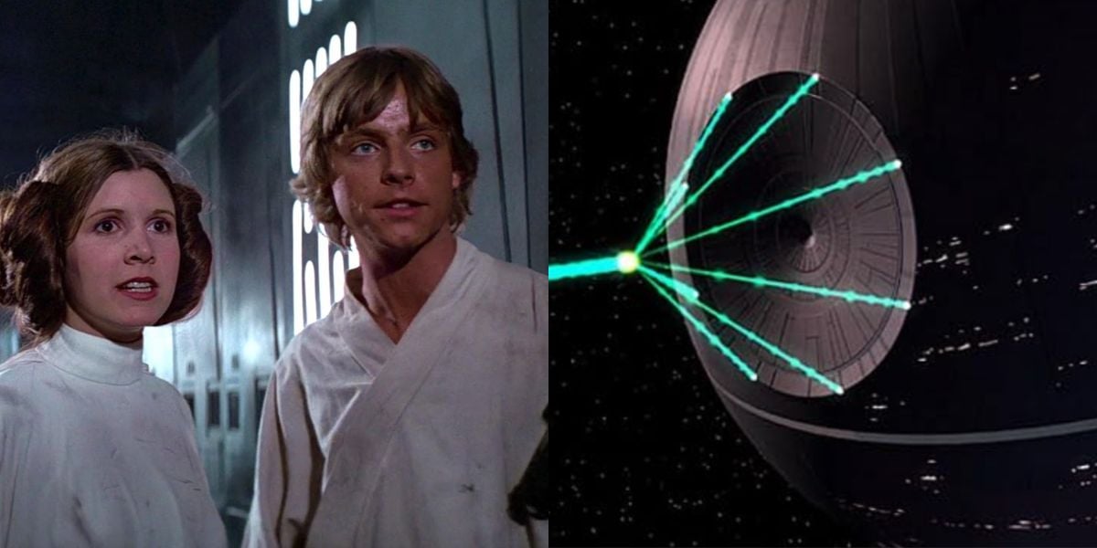 On the left, a woman and a man in white clothing look concerned in a spaceship hallway. On the right, a large, gray, spherical space station fires a green laser beam.
