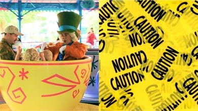 Left: People, including someone in a Mad Hatter costume, ride in a large yellow teacup at an amusement park. Right: A collage of overlapping yellow caution tape with the word "CAUTION" in black.