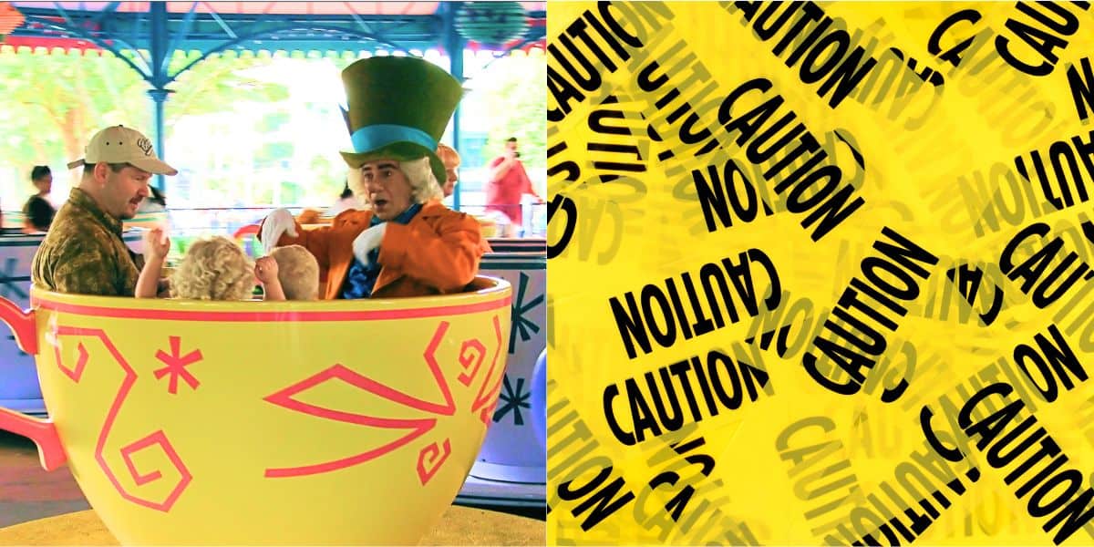 Left: People, including someone in a Mad Hatter costume, ride in a large yellow teacup at an amusement park. Right: A collage of overlapping yellow caution tape with the word "CAUTION" in black.