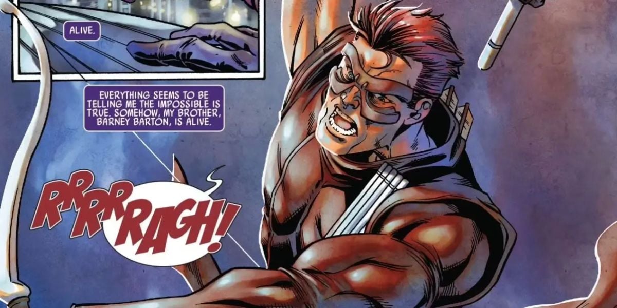 A comic book illustration shows a muscular man with reddish hair and a mask, holding a bow like Jeremy Renner’s Hawkeye. He looks intense and yells "RAARRGH!" in a speech bubble. A caption says his brother, Barney Barton, is alive.