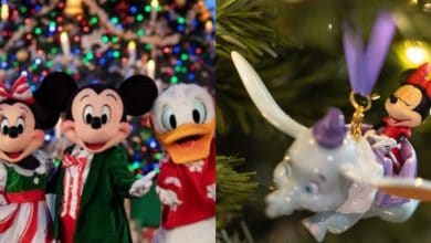 Left: Minnie Mouse, Mickey Mouse, and Donald Duck dressed in Christmas outfits by a lit tree. Right: A Minnie Mouse ornament riding on Dumbo hangs on a Christmas tree.