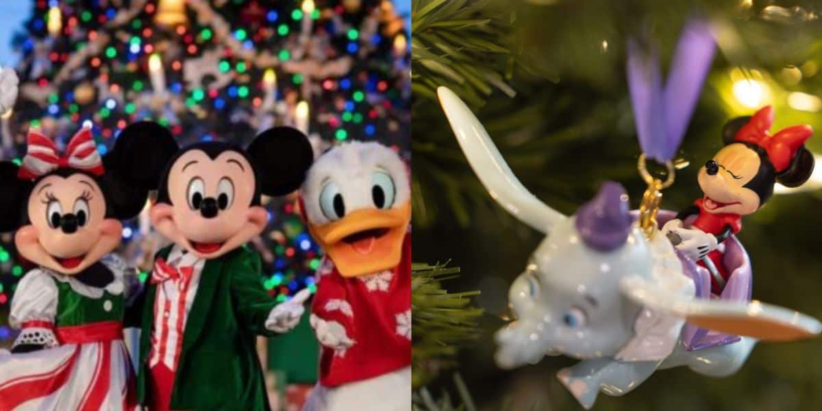 Left: Minnie Mouse, Mickey Mouse, and Donald Duck dressed in Christmas outfits by a lit tree. Right: A Minnie Mouse ornament riding on Dumbo hangs on a Christmas tree.