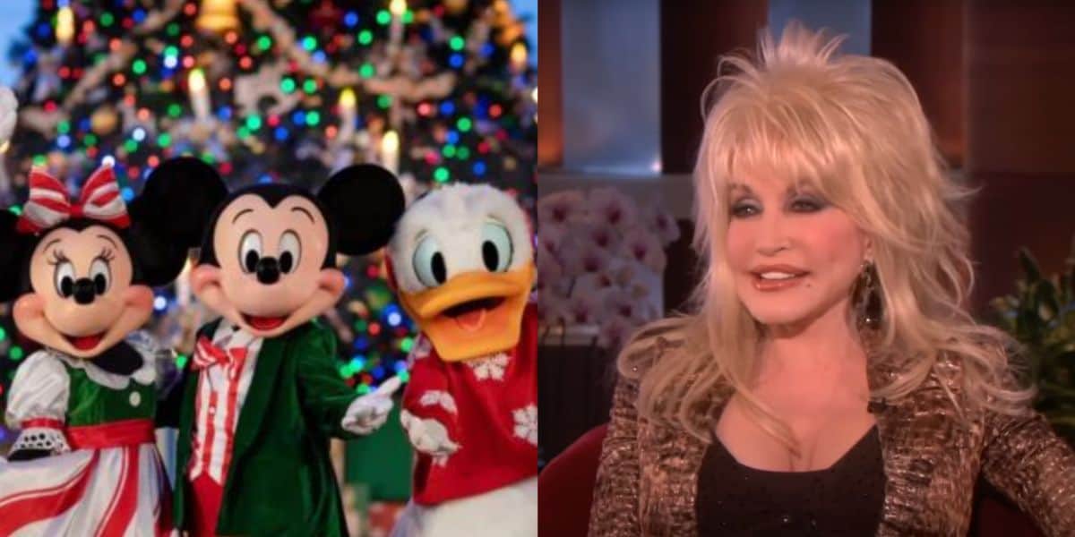 Minnie Mouse, Mickey Mouse, and Donald Duck in festive outfits stand by a Christmas tree; next to them, a woman with blonde hair and a sparkly jacket smiles during a TV interview.