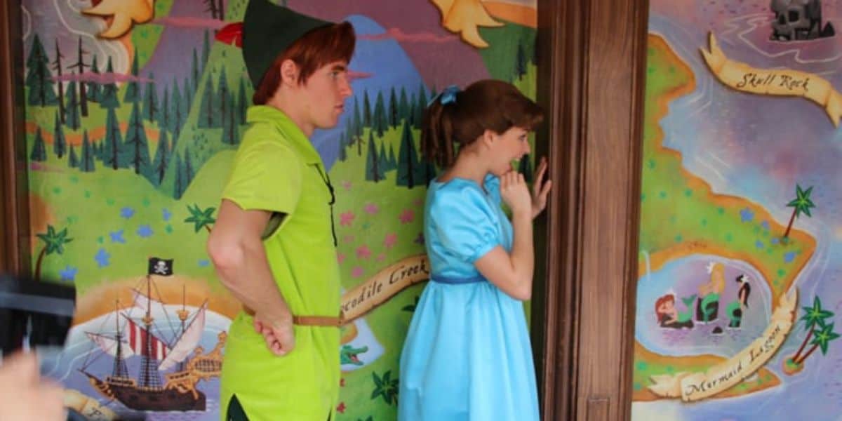Peter Pan and Wendy Disney character performers at their meet-and-greet location at Magic Kingdom Park.