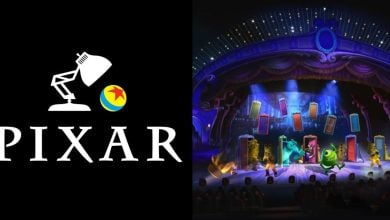 Pixar logo (left), 'Monsters, Inc.' characters onstage with doors (right)