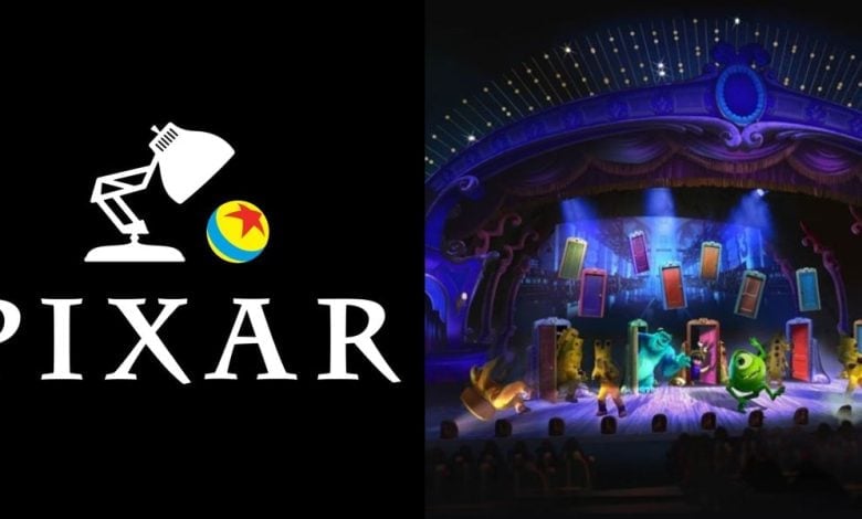 Pixar logo (left), 'Monsters, Inc.' characters onstage with doors (right)