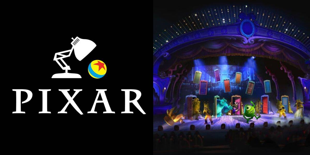 Pixar logo (left), 'Monsters, Inc.' characters onstage with doors (right)