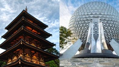 A split image shows a traditional Japanese pagoda with tiered roofs on the left, and a large, futuristic geodesic sphere structure on the right, both under blue, partly cloudy skies.